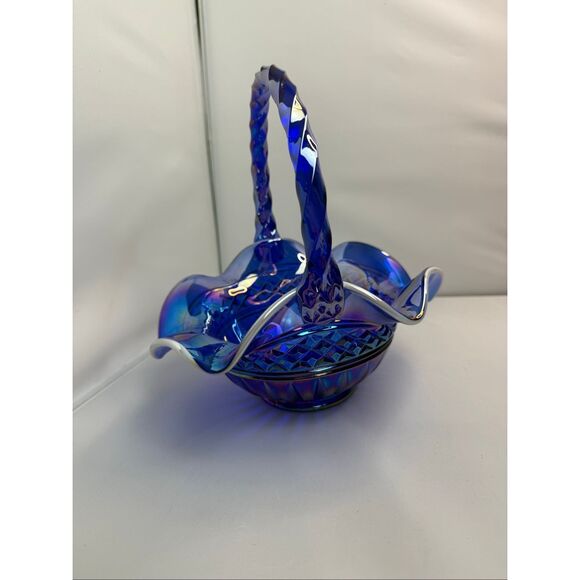 Fenton Cobalt Blue Carnival Glass Basket with White Crest Edge Twisted Handle